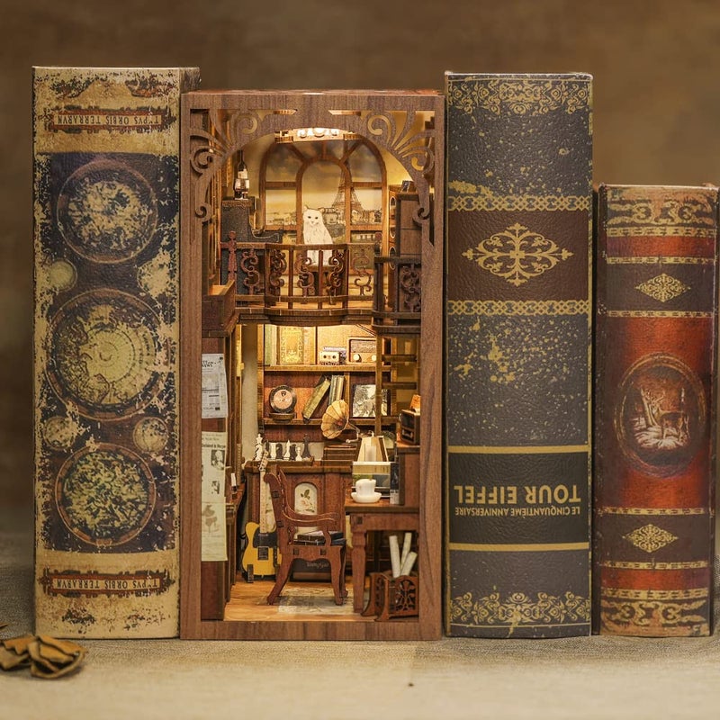Cutefun Book Nook Kit 3D خشبية لغز الدفتين عدة منزل مصغر مع غطاء الغبار مجموعة الدفتين مع أضواء LED DIY دمية Bookend منزل صغير للبالغين عيد الفصح ديكور المنزل للمراهقين البالغين - Image 3